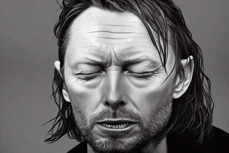 Image similar to hyper realistic portrait of thom yorke mixed with david bowie, bigger forehead, bigger chin, from the side, by lee bermejo, alphonse mucha and greg rutkowski