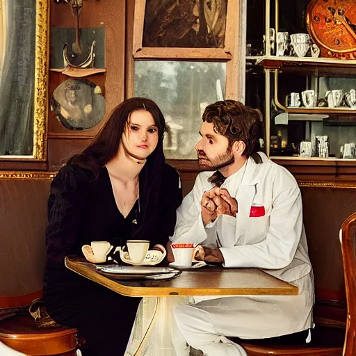 Image similar to A beautiful aesthetic portrait of a male engineer and a female doctor sitting in a victorian style cafe in Miami, 8k,