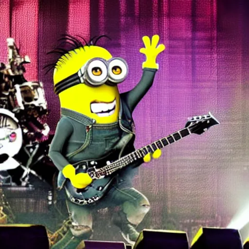 Image similar to minions as a heavy metal band from 8 0 s playing concert on wembley arena together with queen band