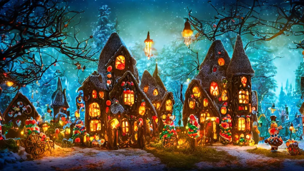 Image similar to gingerbread candy village, cinematic scene, studio lighting, colorful, fantasy, fairytale, intricate, forest, fireflies, flowers, halloween, christmas, hansel and gretel, background blur, bokeh, medium shot, visually stunning, ( matte painting, concept art, trending on artstation, artgerm, cgsociety )