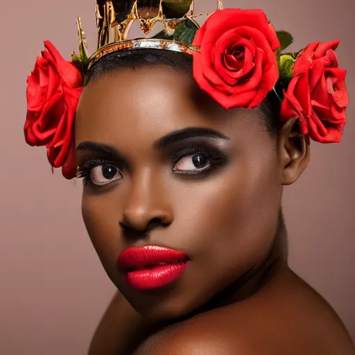 Prompt: Photo of a black woman, natural make-up, crown with roses, bold, self-confidence, cinematic focus