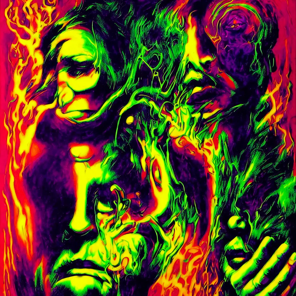 Image similar to psychedelic bright portrait of bill hicks smoking in the style of hans giger, alex grey, lynchian atmosphere, film noir, concept art, art by kuvshinov ilya and zdislav beksinski and wayne barlowe, vivid colors, yellow, purple, red, black, blue, green, orange, pink