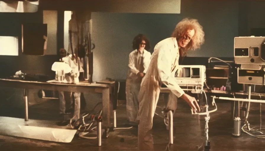 Image similar to 7 0 s film still from a horror movie of a mad scientist conducting horrific experiments, kodachrome, cinecolor, cinestill, photorealism, cinematic, film grain, film texture, vhs recording