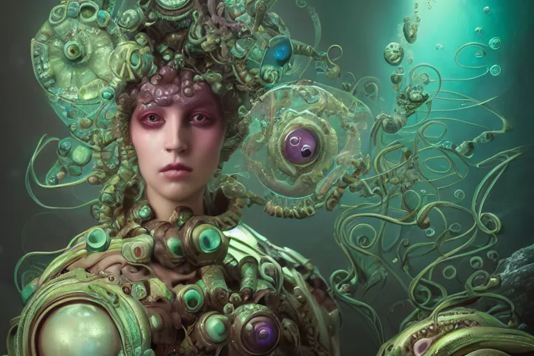 Prompt: tom bagshaw, ultra realist portrait waves miniatures underwater curiosities squids carnival, a single very beautiful enchantress in full underwater armor, symmetry accurate features, focus, very intricate ultrafine details, green purple aqua volumetric lights, award winning masterpiece, octane render 8 k hd