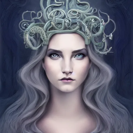 Prompt: character concept portrait of a beautiful woman with pale face, medusa, blue / grey eyes, intricate, elegant, digital painting, art nouveau, smooth, focus, rim light