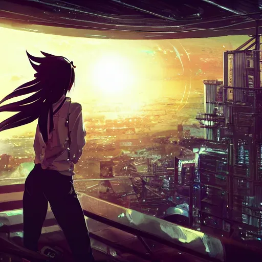 Prompt: android mechanical cyborg anime girl overlooking overcrowded urban dystopia. long flowing hair. gigantic future city. pitch black night. raining. makoto shinkai. wide angle. distant shot. dark and dreary. solar eclipse.