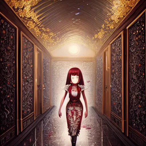 Image similar to beautiful young girl in intricate clothing walking through a hallway made of blood diamonds, reflections, very high intricate details, painting, digital anime art, medium shot, mid - shot, wlop, ilya kuvshinov, artgerm, krenz cushart, greg rutkowski, sana takeda