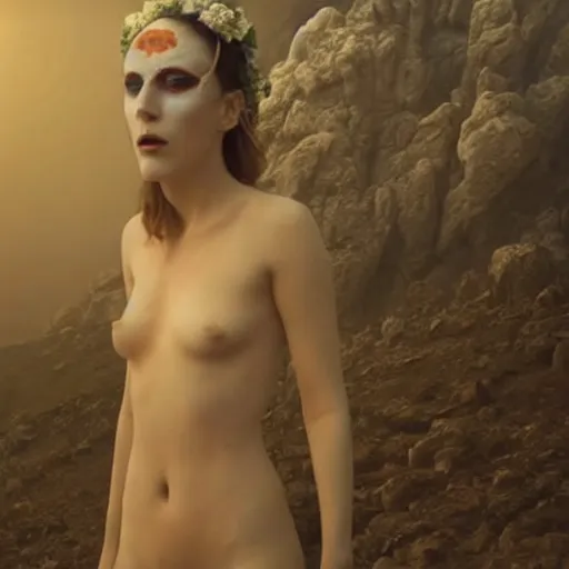 Image similar to The full body shot of beautiful pale woman with white flowers and full-face golden occult mask and glowing eyes in a rocky desert landscape, multiple eyes, thick smoke and fire around her, volumetric lighting, occult atmosphere, by Denis Villeneuve, Lubezki, Gaspar Noe and Alejandro Jodorowsky, anamorphic lens, anamorphic lens flares, kodakchrome, cinematic composition, practical effects, award winning photo, 8k, detailed 85mm f/1.4