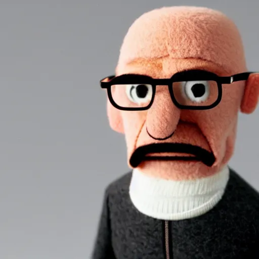 Image similar to walter white as a muppet. highly detailed felt. hyper real photo. 4 k.