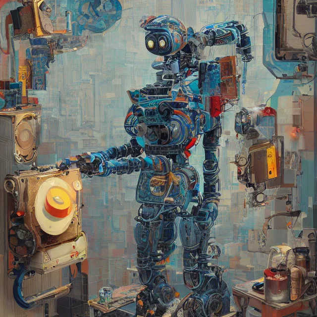 Prompt: robot artist painting a self - portrait on a canvas. intricate, highly detailed, digital matte painting, in the style of alexandros pyromallis, and in the style of sachin teng, and in the style of hans thoma, and in the style of simon bisley. irony, recursion, inspiration.