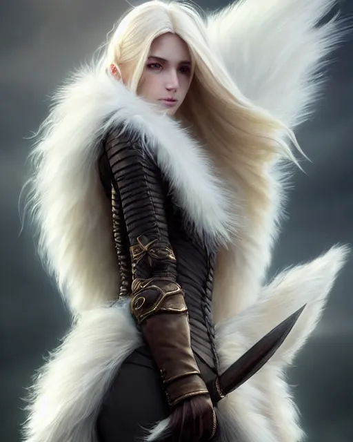 Prompt: dragon hunter wearing a fur - lined dragonhide jacket!!! beautiful and gorgeous elegant white long haired female!! symmetry, character concept art, sharp focus, illustration, art by artgerm! greg rutkowski magali villeneuve wlop! ilya kuvshinov!! charlie bowater! octane render, unreal engine 5! highly rendered!!