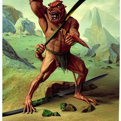 Image similar to dog - faced muscular goblin, ugly face, lizard tail, holding scimitar made of bone, scimitar, sword, jagged sword, curved sword, orkish sword, colorized, green skin, red sky, hyper - detailed, primeval fantasy, prehistoric fantasy, art by jacques - louis david