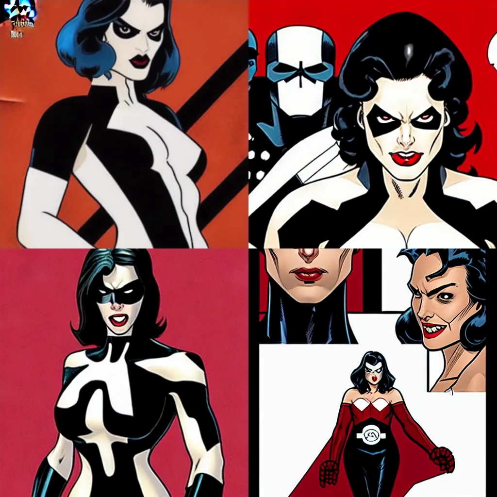 Prompt: in the style of Rafael Albuquerque:: very Pale white skin, Domino marvel comics:: no black on right eye, asymmetrical black spot over left eye:: wearing a red dress, smile