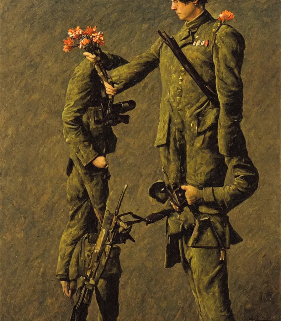 Image similar to an impasto oil painting of a soldier holding a flower instead of a gun painted by caspar david friedrich, high detail