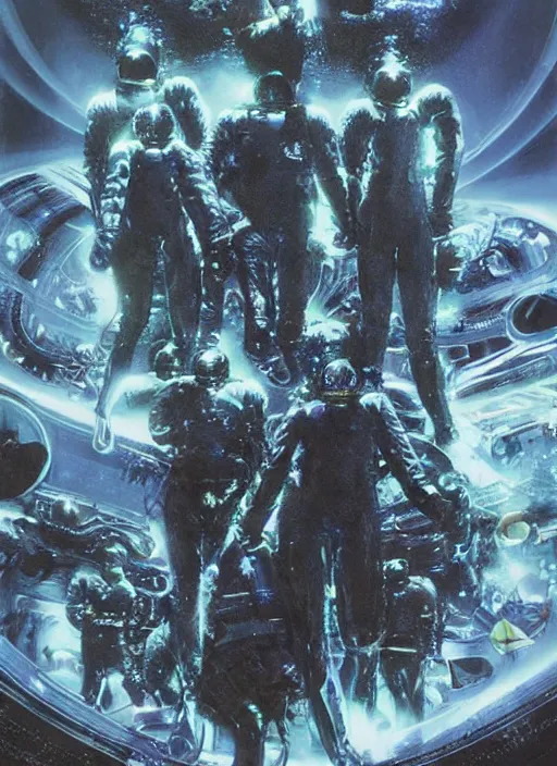 Image similar to astronauts in dark void underwater - complex and hyperdetailed technical suit. reflection and dispersion materials. rays and dispersion of light. volumetric light. f / 3 2. noise film photo. flash photography. ultra realistic, wide angle. poster by wayne barlowe, hajime sorayama aaron horkey, craig mullins