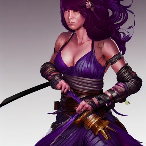 Image similar to beautiful female warrior with long purple hair and katana in epic fighting pose, highly detailed, trending on artstation, stylized, by WLOP