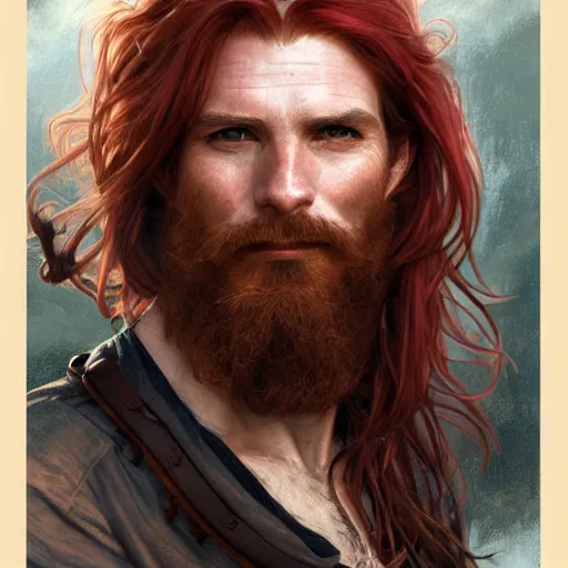 Image similar to portrait of a young ruggedly handsome but joyful pirate, male, masculine, upper body, red crimson hair, long long flowing hair, fantasy, proud smirk, intricate, elegant, highly detailed, digital painting, artstation, concept art, matte, sharp focus, illustration, art by artgerm and greg rutkowski and alphonse mucha