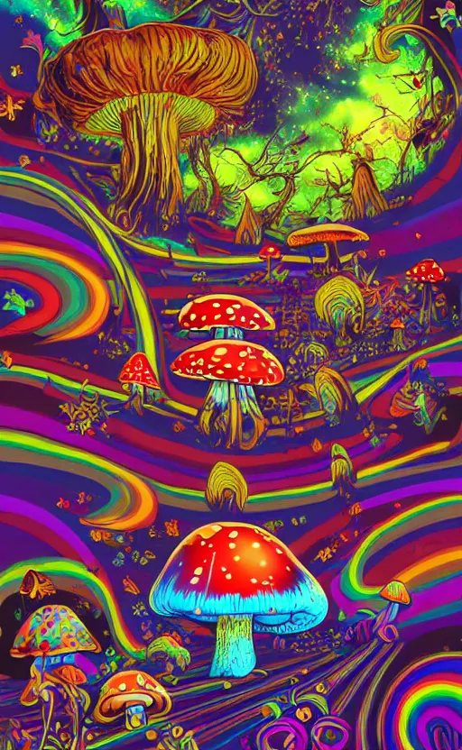 Prompt: psychedelic mushrooms, enchanted cosmic forest, mushrooms on the ground, small fairies, stars in the sky, butterflies, rainbows, psychedelic, wide angle shot, vector art, fantasy poster by helen huang and frank frazetta and salvador dali