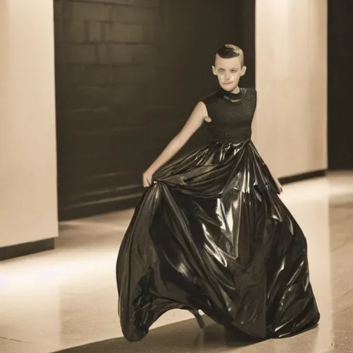 Image similar to a beautiful award winning photo of millie bobby brown wearing a trash bag, cinematic, atmospheric, tatiana lopez photograph