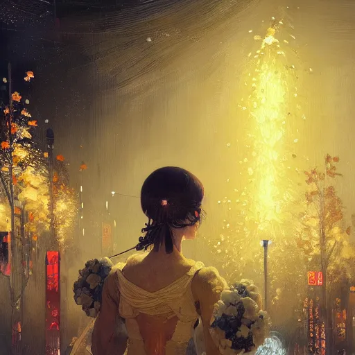 Image similar to a beautiful realistic painting of a firework festival at night time koyosan, intricate, elegant, highly detailed, digital painting, artstation, nier automata concept artsyle, by krenzcushart, artem demura, makoto shinkai, alphonse mucha