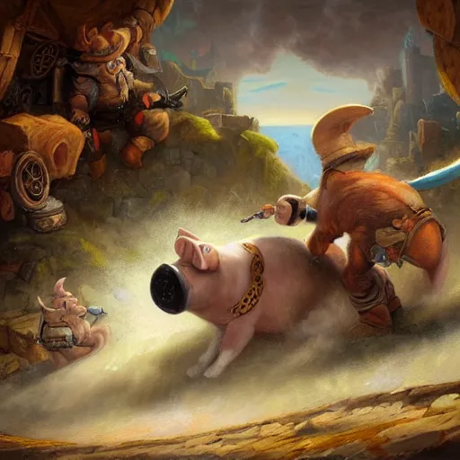 Prompt: catapult launching a pig, oil painting by justin gerard, deviantart