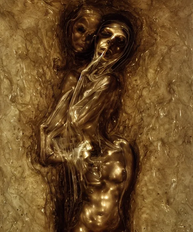 Image similar to Beautiful full-body wax sculpture of glowing transparent woman with visible bones covered with melted white candle wax inside the singularity where stars becoming baroque folds of dark matter by Michelangelo da Caravaggio, Nicola Samori, William Blake, Alex Grey and Beksinski, dramatic volumetric lighting, highly detailed oil painting, 8k, masterpiece