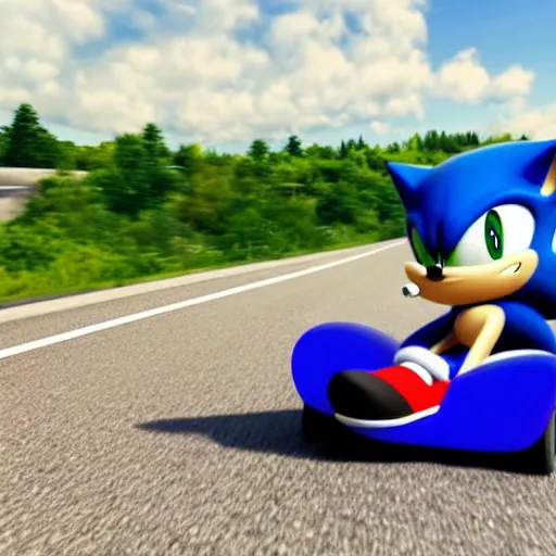 Prompt: Photo of Sonic the Hedgehog on the road, view from a dash cam, highly-detailed 4K award-winning