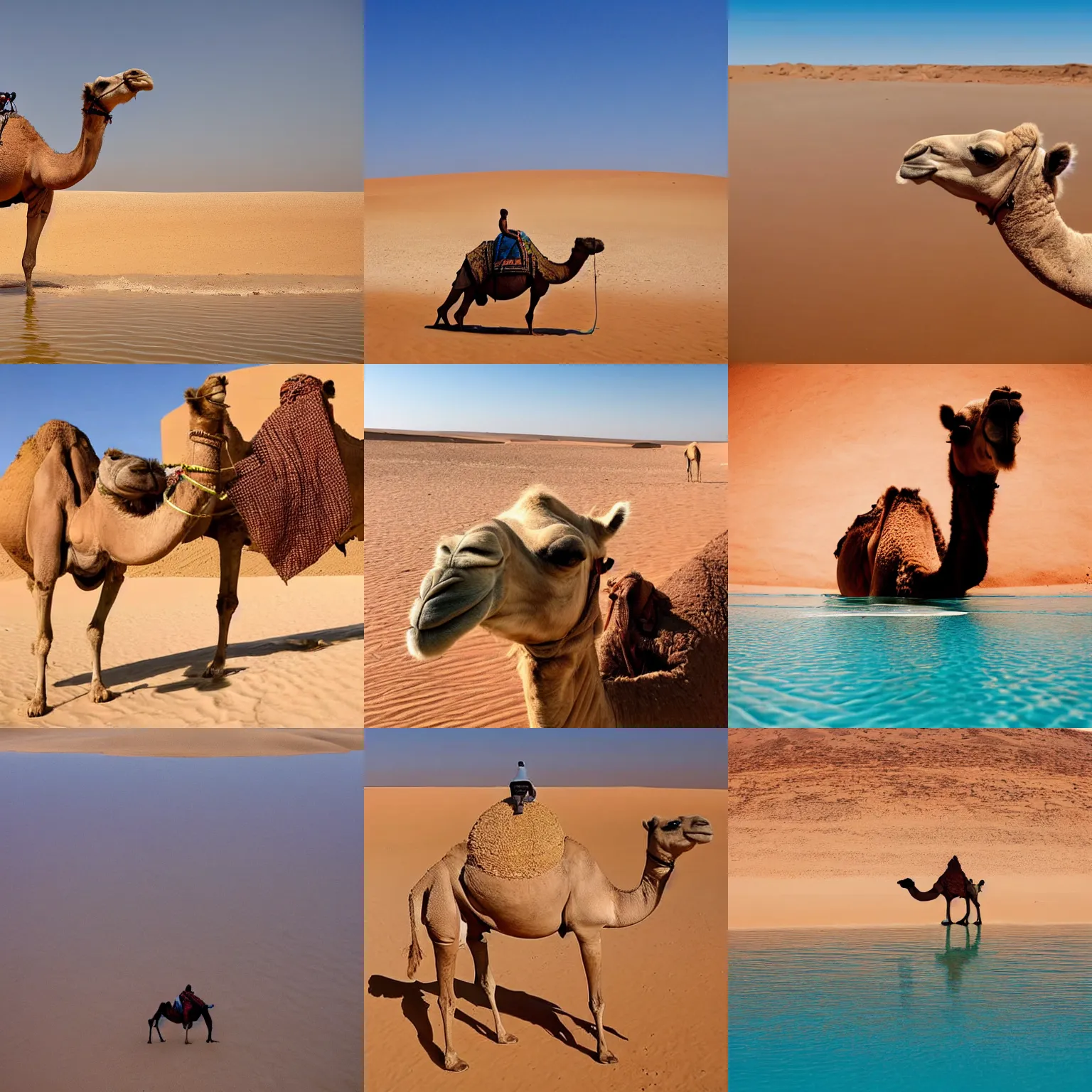 Prompt: a camel climbing into a swimming pool in the sahara desert