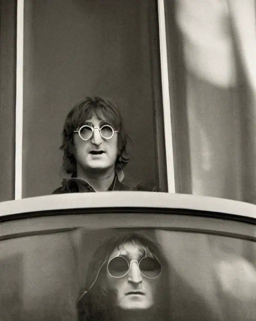 Image similar to john lennon looking out his nyc apartment window to see a ufo slowly flying by, the ufo is a round object, black or grey in the middle with blinking white lights wrapped around it and a red light on top. photorealistic, hyperreal, in the style of the x - files,