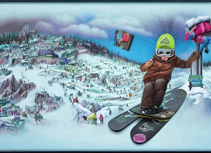 Image similar to snowboarding to another dimension, lowbrow, matte painting, 3 - d highly detailed, in the style of mark ryden,