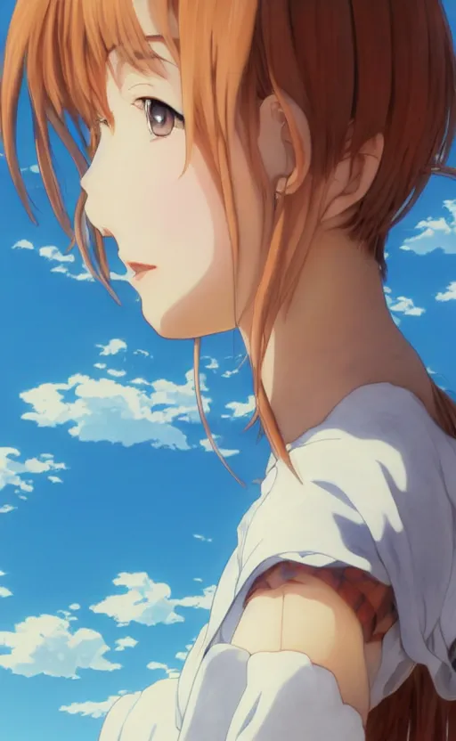 Image similar to portrait of a girl, anime style, clouds and blue sky in background, cute clothing, hair clips, short hair, hair down, symmetrical facial features, from evangelion, hyper realistic, 4 k, rule of thirds, extreme detail, detailed drawing, trending artstation, hd,, realistic lighting, by alphonse mucha, greg rutkowski