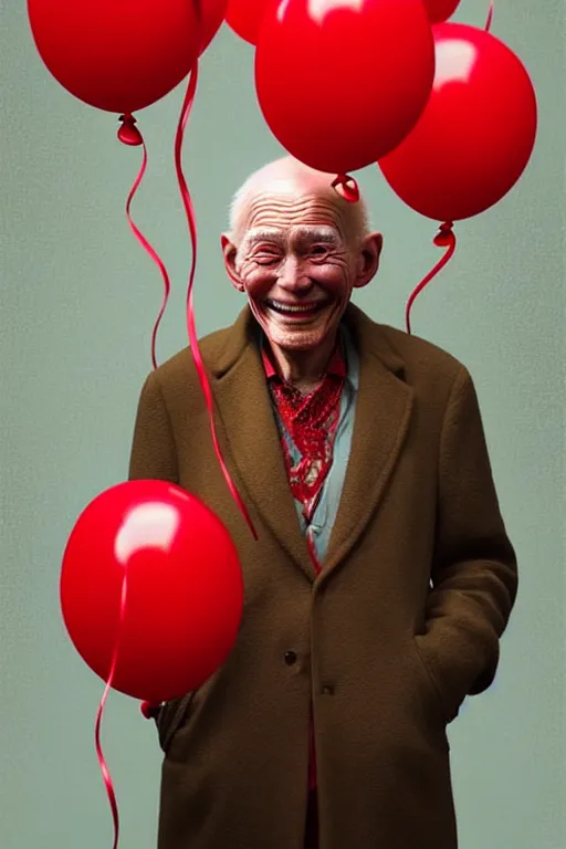 Image similar to portrait of smiling old man with red balloons, intricate and very beautiful and elegant, highly detailed, digital painting, artstation, concept art, smooth and sharp focus, beautiful render, art by tian zi and alphonse mucha and wlop