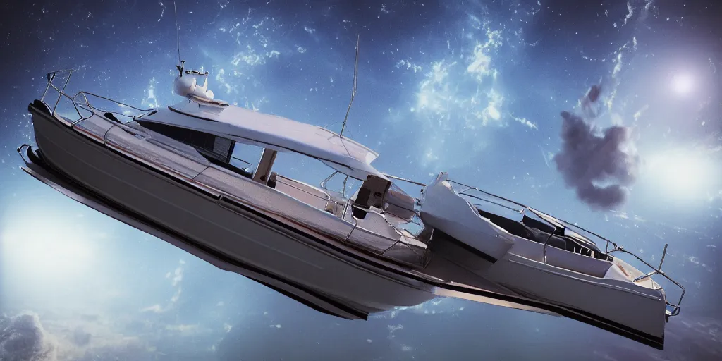 Image similar to a highly detailed realistic photographic render of a boat in space, surreal, cinematic lighting, cinematic scene, volumetric lighting, atmospheric scene, dark, mystery, atmospheric lighting, realistic, photo realism, hyper realistic, hyper realism, photo realisitc, cinematic render, film, beautifully lit, ray traced, octane 3 d render, octane render, unreal engine