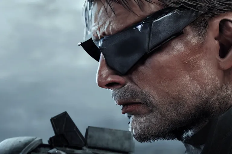 Image similar to Mads Mikkelsen as Solid Snake in Metal Gear Solid (2022), side view profile, high-quality 4k