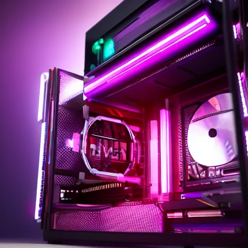 Prompt: cyberpunk gaming pc with rtx gpu, ultra detail, octane render