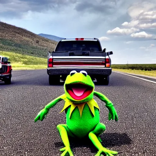 Image similar to kermit in a cowboy hat rolling coal on the highway