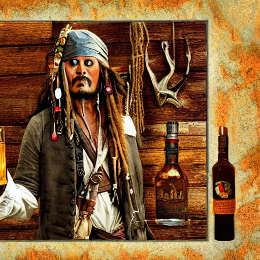 Image similar to jack sparrow drinks rum from bottle at the deck of pirate ship, focus, 3 d illustration, sharp, intricate, poster,, photo, detailed photo, scene from pirates of caribbean