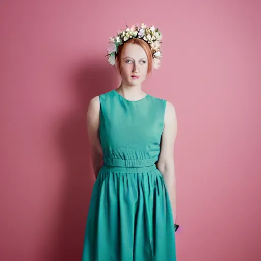 Image similar to a photograph of beautiful nordic woman wearing a white folkdrakt dress, she has a summer flower headband. against a teal studio backdrop. strong kodak portra 4 0 0 film look. film grain.