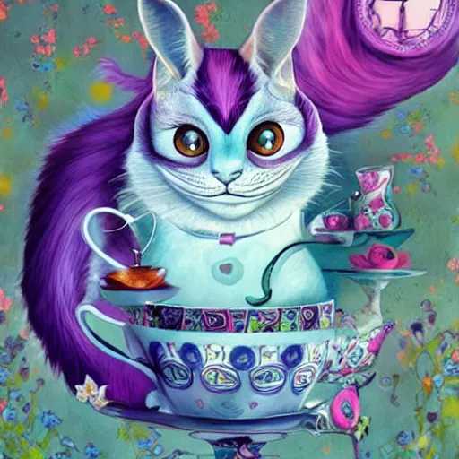 Prompt: the cheshire cat from alice in wonderland having a tea party by anna dittmann, highly detailed, bright tones