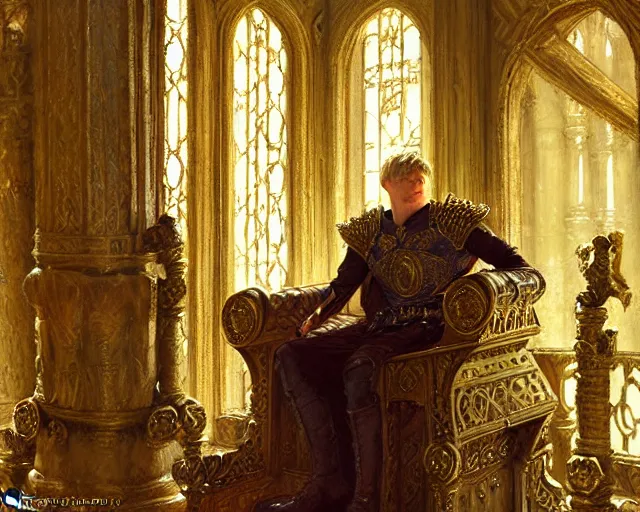 Image similar to attractive arthur pendragon, posing in the throne room of camelot highly detailed painting by gaston bussiere, craig mullins, j. c. leyendecker