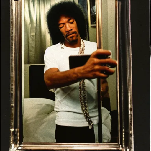 Image similar to film photo of jimmy hendrix taking a self portrait in a hotel room mirror, old photo, disposable camera