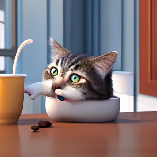 Prompt: A cute 3d render os a cat drinking a cup of coffee, by Pixar, octane render, Raytracing