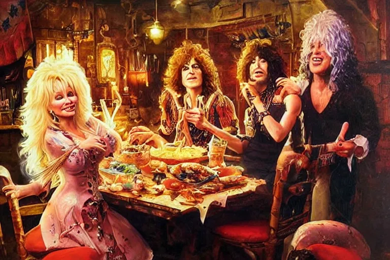 Image similar to dolly parton having a spaghetti dinner with paul stanley in kiss makeup, an oil painting by ross tran and thomas kincade