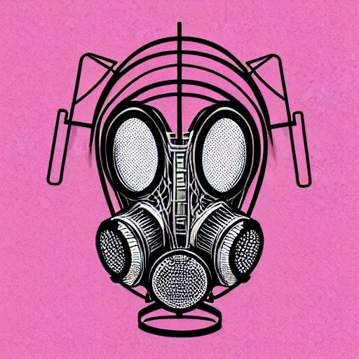 Image similar to wireframe high contrast gas mask on a pink gradient background
