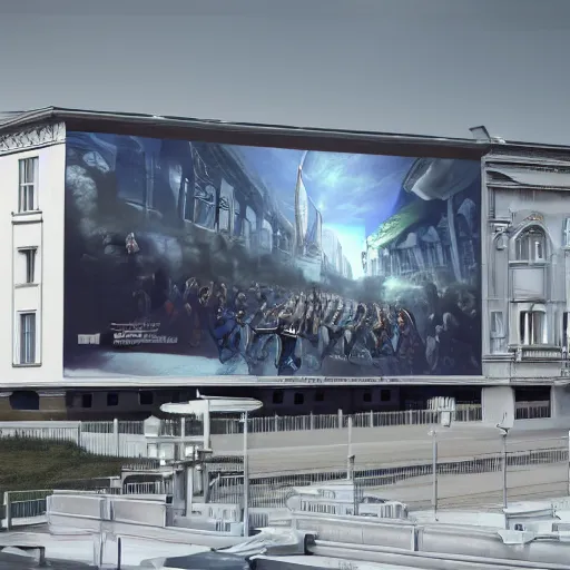 Image similar to sci-fi wall structure on the coronation of napoleon painting and photogrammetry point cloud digital billboard in the middle, unreal engine 5, keyshot, octane, artstation trending, ultra high detail, ultra realistic, cinematic, 8k, 16k, in style of zaha hadid, in style of nanospace Michael Menzelincev, in style of Dima Goryainov artstation, in style of Blade Runner 2049 lighting, in style of Ghost in the Shell lighting, in style of cyberpunk 2077 website, in plastic, dark, tilt shift,