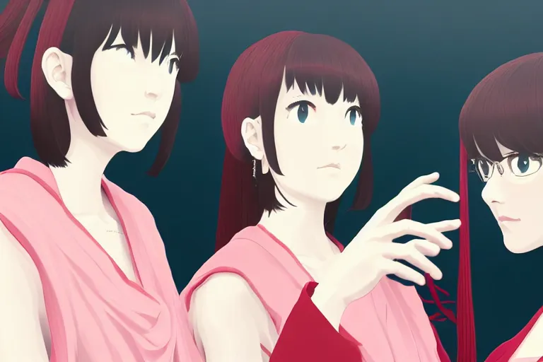 Image similar to portrait of two wise and very beautiful women discussing some texts appearing in a computer screen, in the style of bakemonogatari, intricate, elegant, highly detailed, smooth, sharp focus, artstation