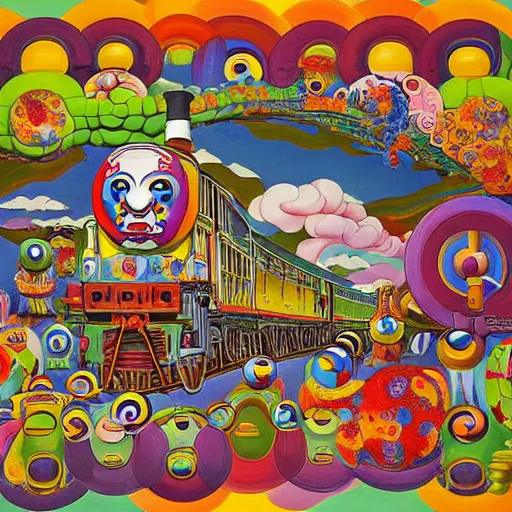 Prompt: beautiful painting of anthropomorphic steam railway engine monster truck snake oil salesman cowboy caveman hydra, neo - andean architecture art by takashi murakami, art by lisa frank, art by jacek yerka, art by victor moscoso. lifelike mechanical eyes. locomotive snake. trending on artstation, hyperrealism, 1 0 k