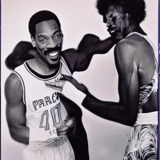 Image similar to polaroid picture, eddie murphy and prince legendary basketball game, epic shot, ethereal, 8 0 s, artistic, francesca woodman style