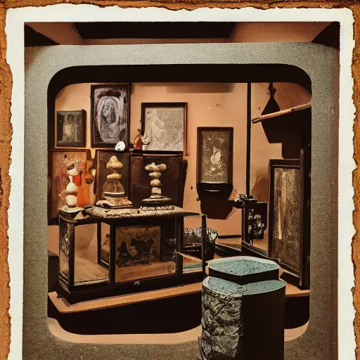 Prompt: An offset photography of an object on display, three colors, anthropology of wonder, exotic artifacts, bauhause, (tropicalism), colonial expedition, exhibition, 60s style