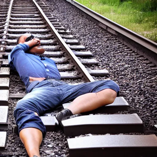 Image similar to man laying on train tracks